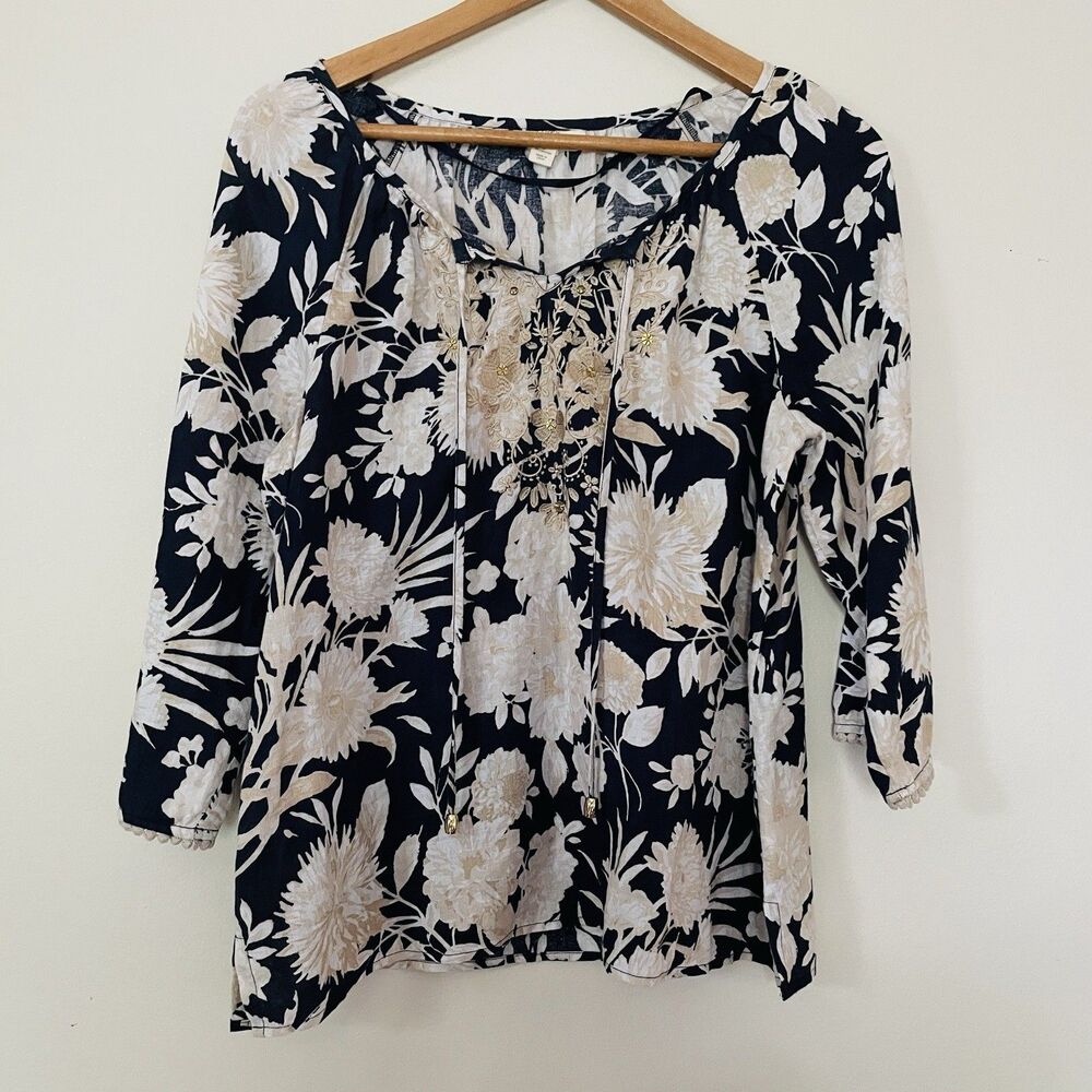 Charter Club 100% Linen Tunic Top M Petite Navy Gold Embellished Luxury Nautical